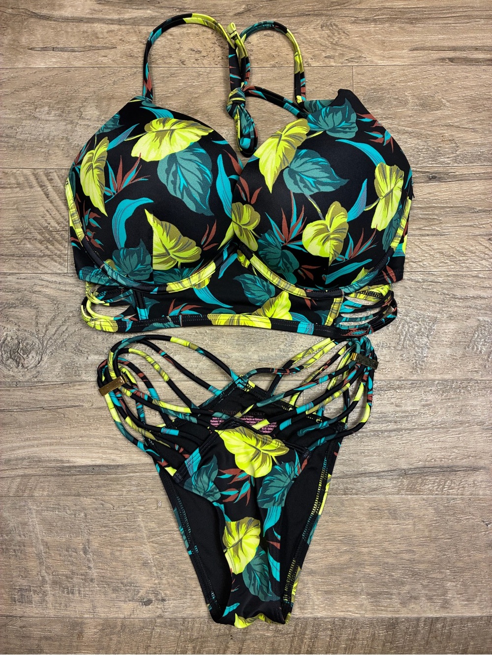 Victoria Secret Tropical Bombshell Push Up Longline Strappy Bikini Swim Set